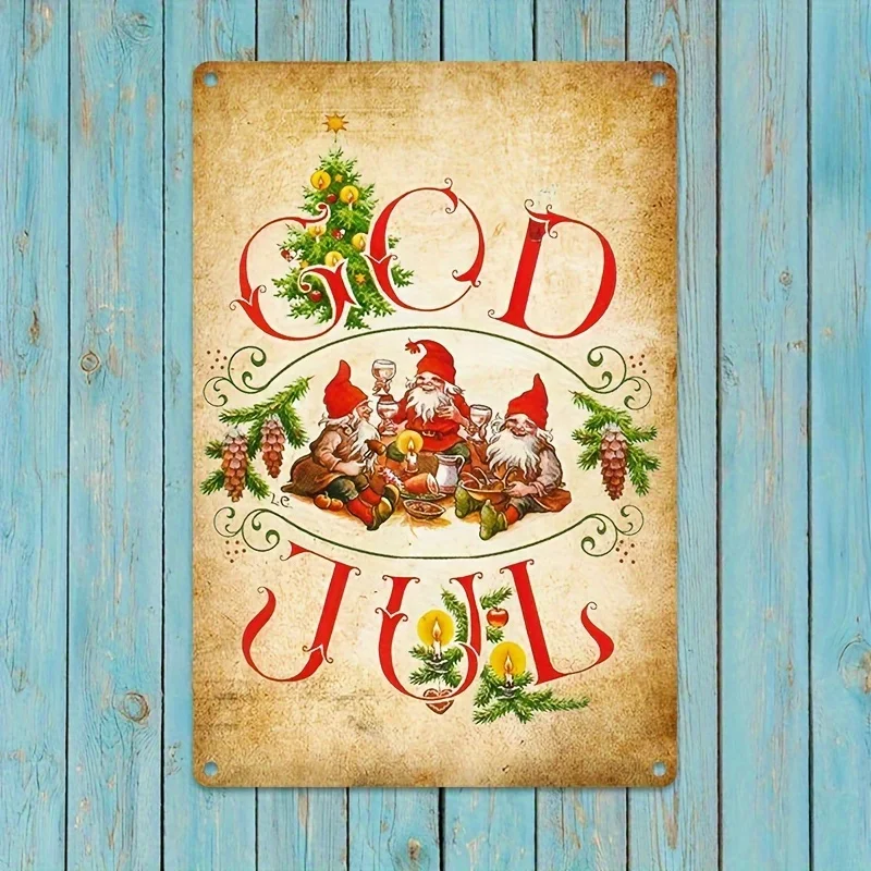 Vintage Scandinavian Christmas Gnome Wall Decor - ch Metal Tin Sign with God Jule (Danish Christmas) - Rustic Farmhouse Holiday