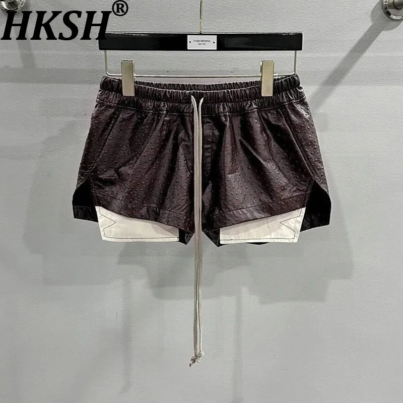 

Женские шорты HKSH с эластичным поясом на шнурке, из искусственной кожи, с тиснением, в стиле пэчворк, с цветными блоками, с карманами, темно-синие, в стиле Y2K, сексуальные короткие шорты HK15175