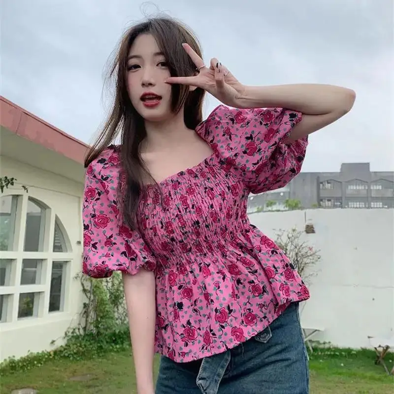 Fashion Sweet Puff Sleeve Pleated Rose Red Floral T-Shirt 2024 New Summer Female Versatile Comfortable Age Reducing Square Neck