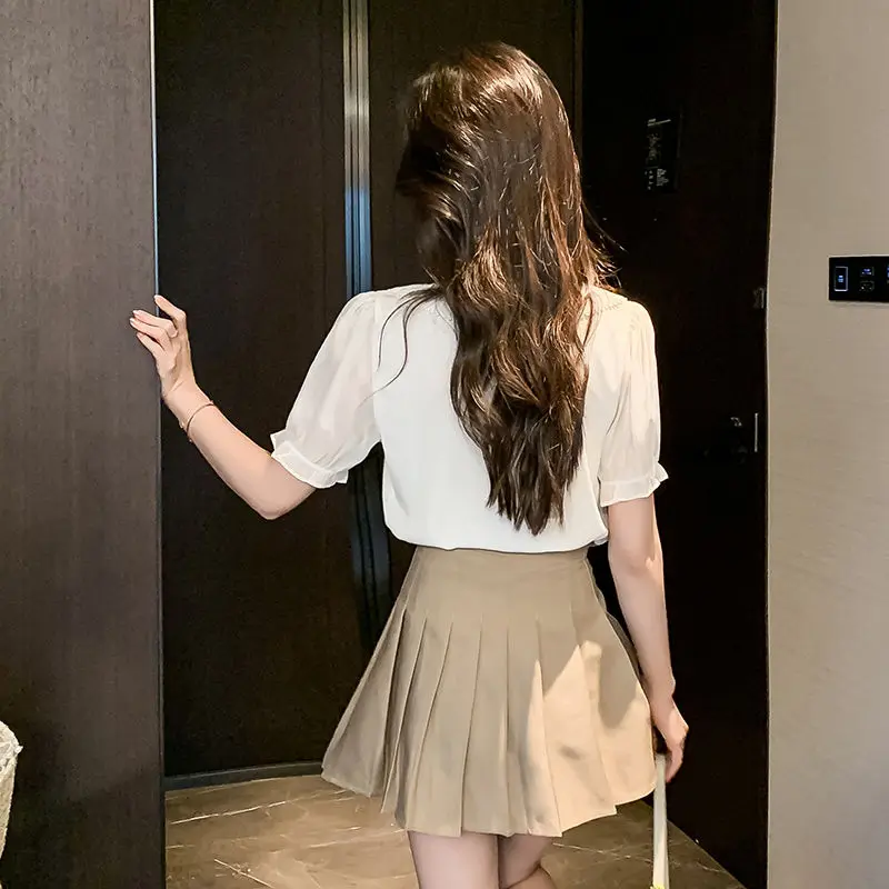 Summer New Short Sleeve White Chiffon Shirt Tops Solid Color Youth All-match Elegant Blouse Fashion Temperament Women Clothing