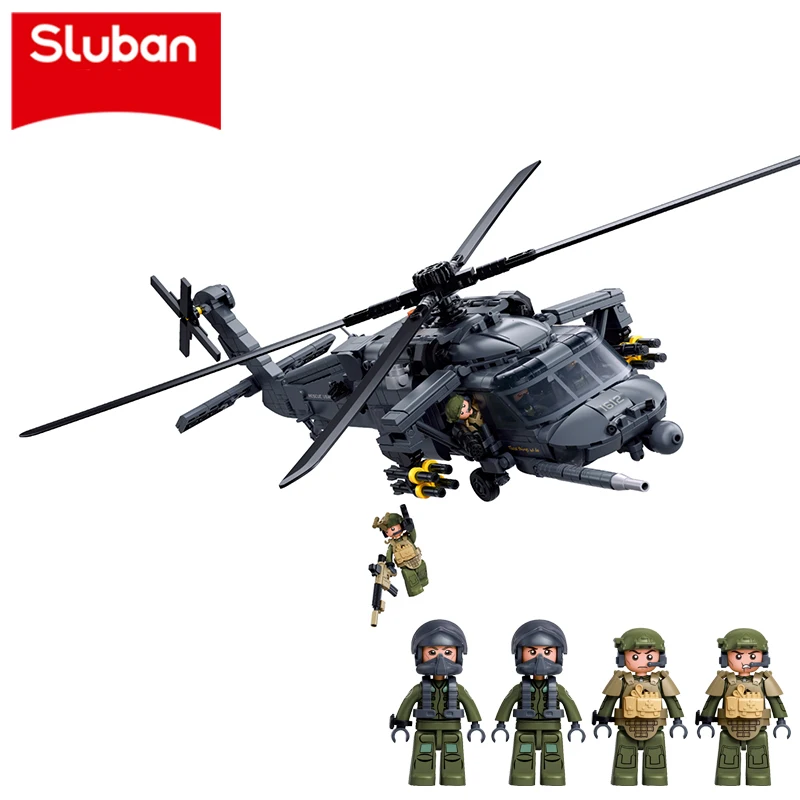 Sluban M38-B1612 Sikorsky HH‑60G Pave Hawk Model Building Blocks Classic Military Search Rescue Armed Helicopter Kids Toy Gift