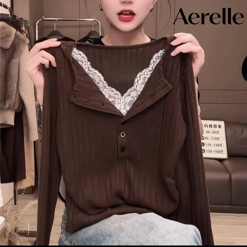 Women's V Neck Fake Two-Piece Lace Spliced Long Sleeve T-shirt 2026 Autumn Waist Ruched Inner Buttons Slim Fit Basic Top