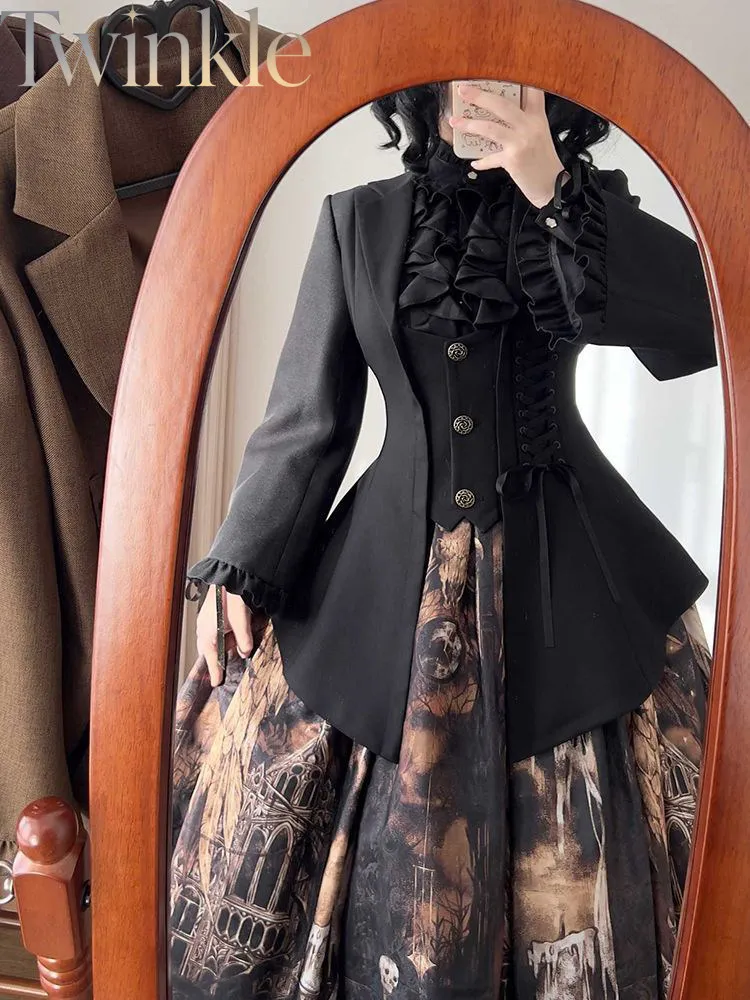 Women's Vintage Blazer Lolita Slim Fit Retro Ruffled Lush Autumn Elegant Lace-up Waist Jacket