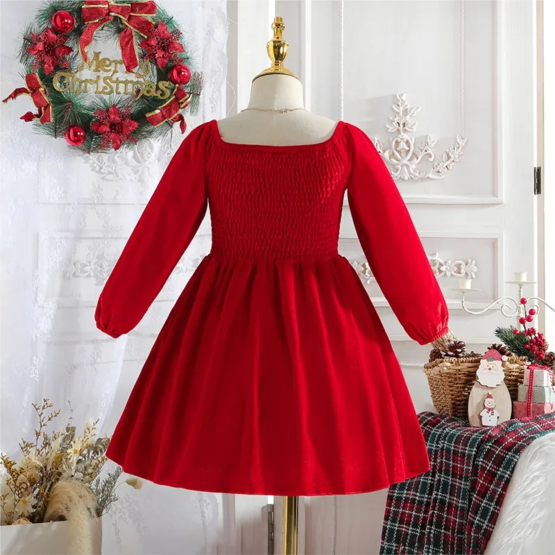 Girl Princess Velvet Dress Long Sleeve Spring Autumn Winter Child Vestido Red Green Party Birthday Christmas Baby Clothes 1-5Y