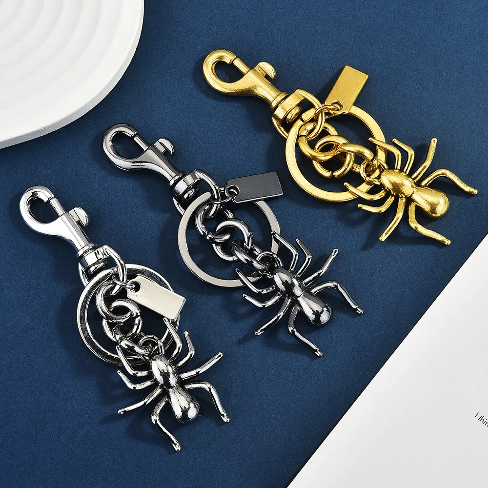 Heavy Metal Gothic Spider Keychain Punk Backpack Charms With Blank Tag Anti Lost Secure Hooks Accessories For Bikers Halloween