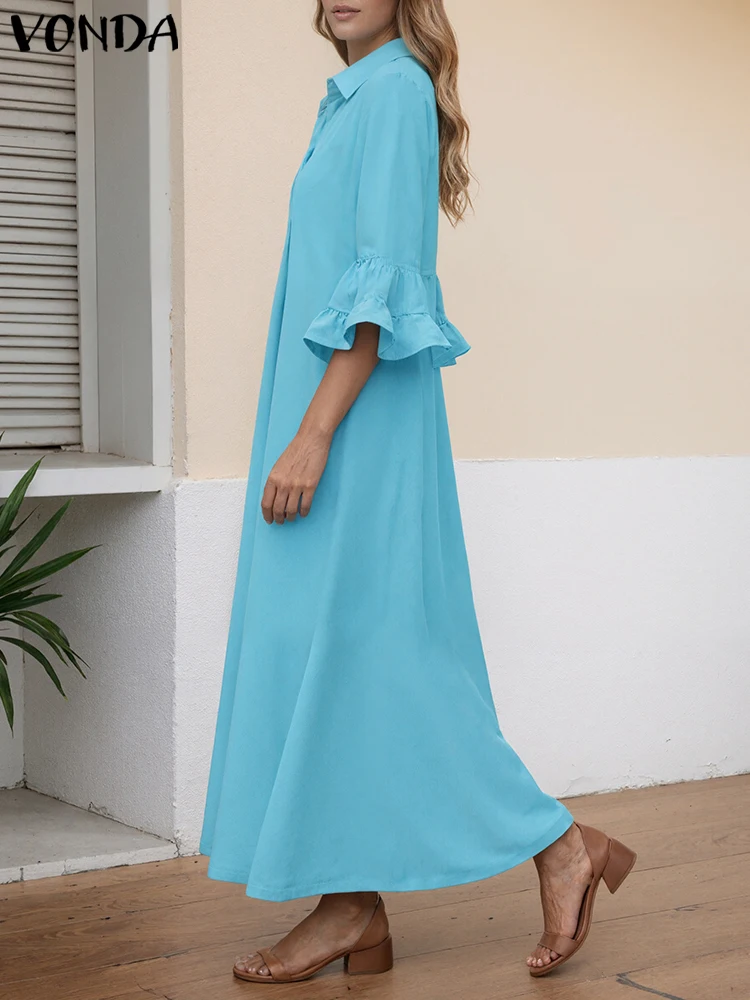 Women Plus Size Sundress Lapel 3/4 Sleeve Ruffled Elegant Maxi Long Vestidos Casual Solid Party Robe Office Dresses 5XL VONDA