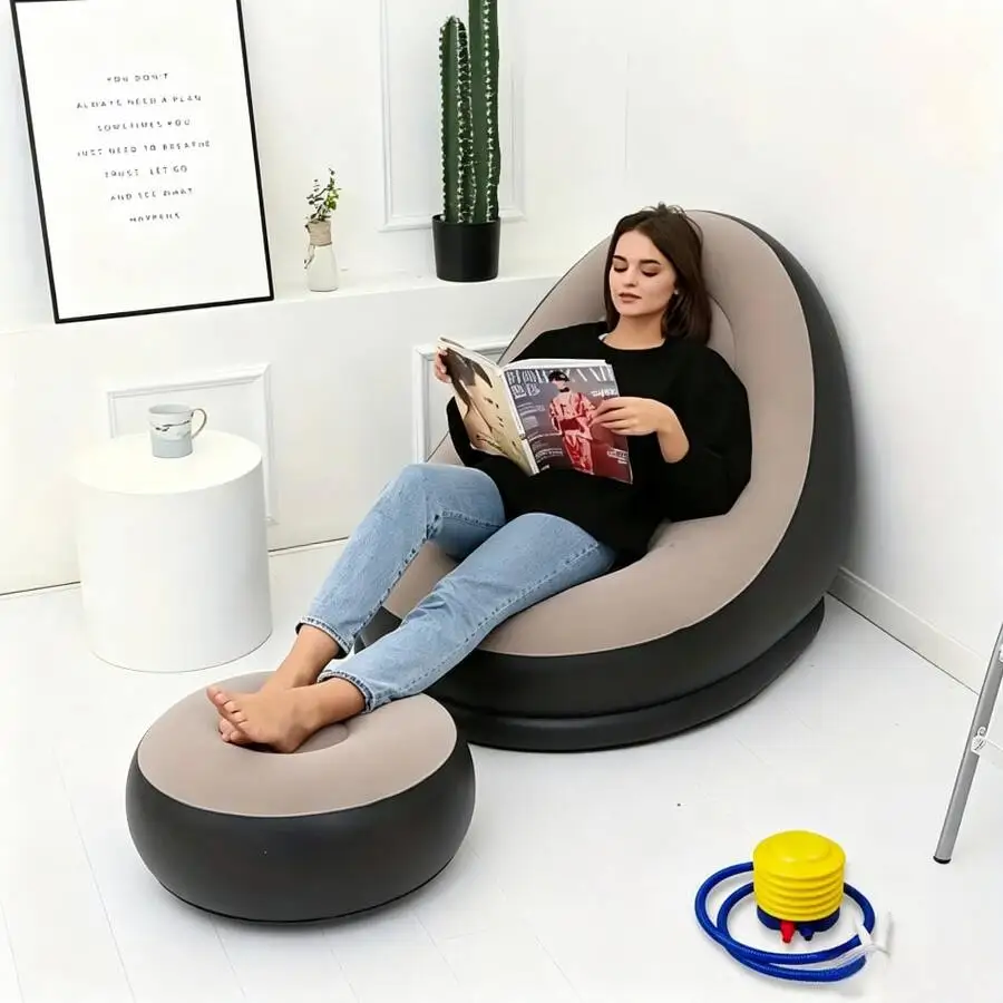 3PCS Inflatable Lounge Chair For Adults With Inflatable Pump, Folding Portable Lazy Sofa With Foot Stool Lazy Flocking Recliner