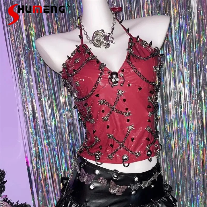

American Style Sexy Punk Goth Skull Dark Red Leather Chain Halter Vest Heavy Industry Red Cool V-neck Camisoles Women's Clothes