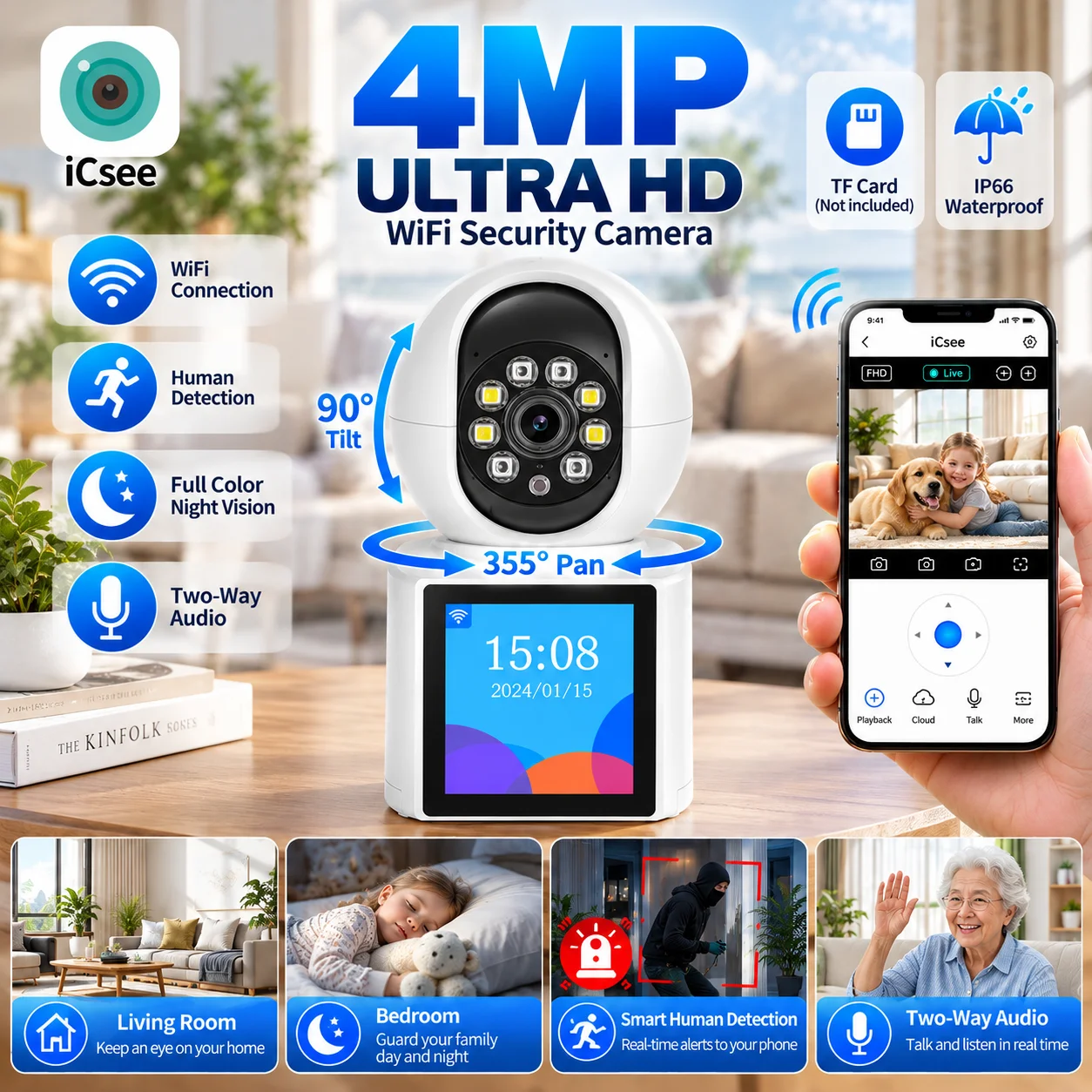 4MP WiFi PTZ Indoor Security Camera ICSEE 355° Pan Auto Tracking One-Click Button Call Baby Monitor Two Way Audio Surveillance