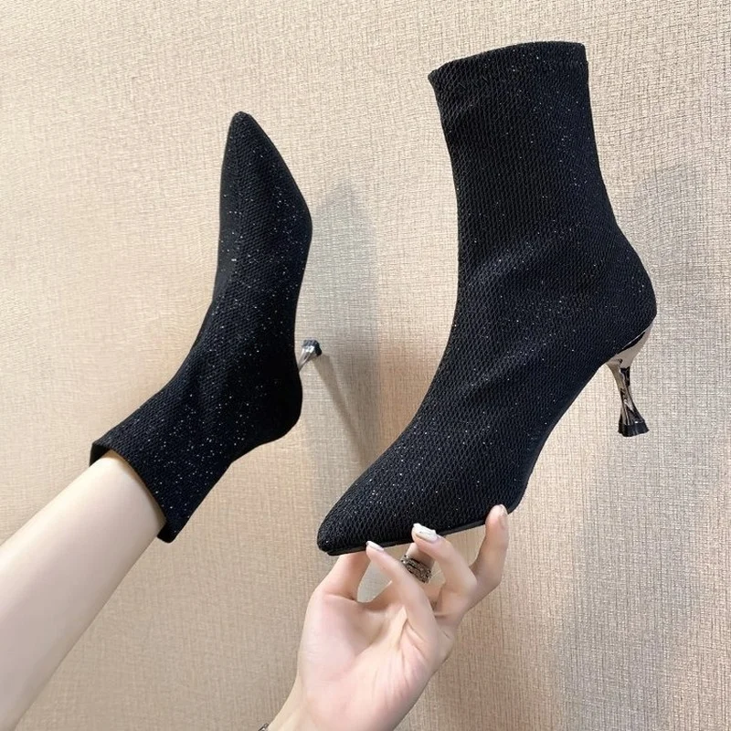 

Spring Autumn Women Boots Bright Diamond High Heel Shoes Woman Boots Black Stretch Fabric Ladies Socks Boots Casual Shoes Female