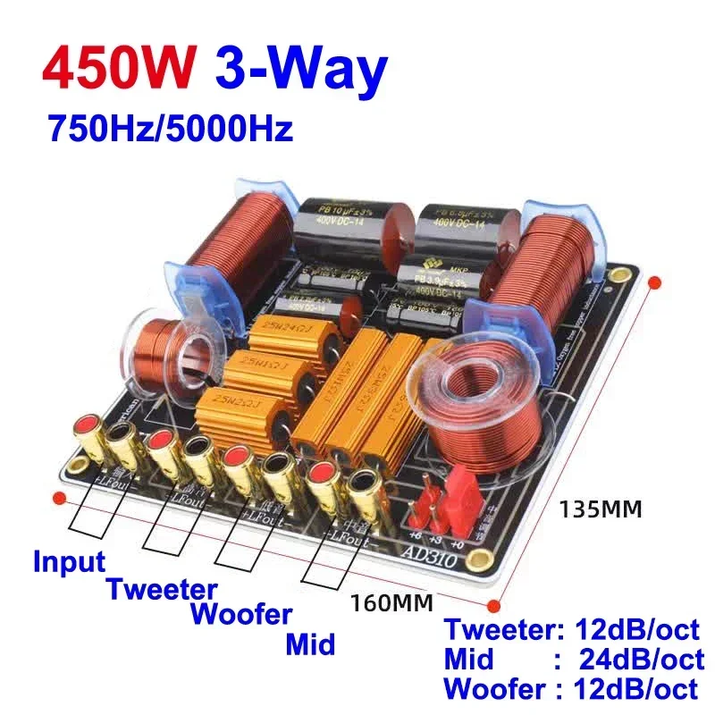 Crossover Audio A 3 Vie Da 450 W, Splitter 750 Hz / 5000 Hz, Per Home Theater E Palcoscenico, Impedenza 4-8 Ohm