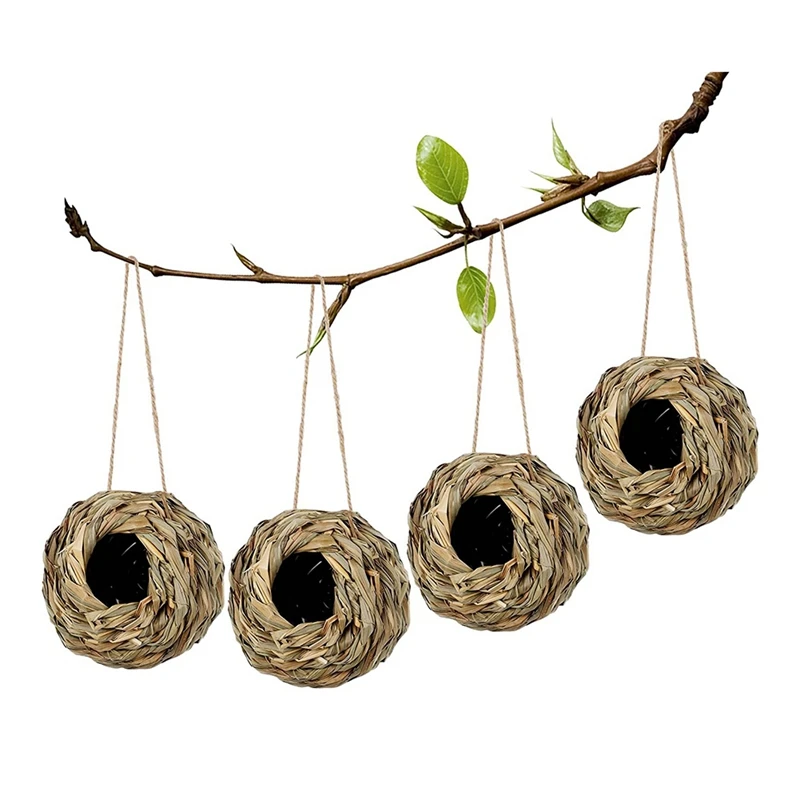 4Pack Hanging Bird Nest House For Outside,Hand Woven Made Of Natural Grass 12 X 12Cm For Gardens,Balconies,Tree Trunks