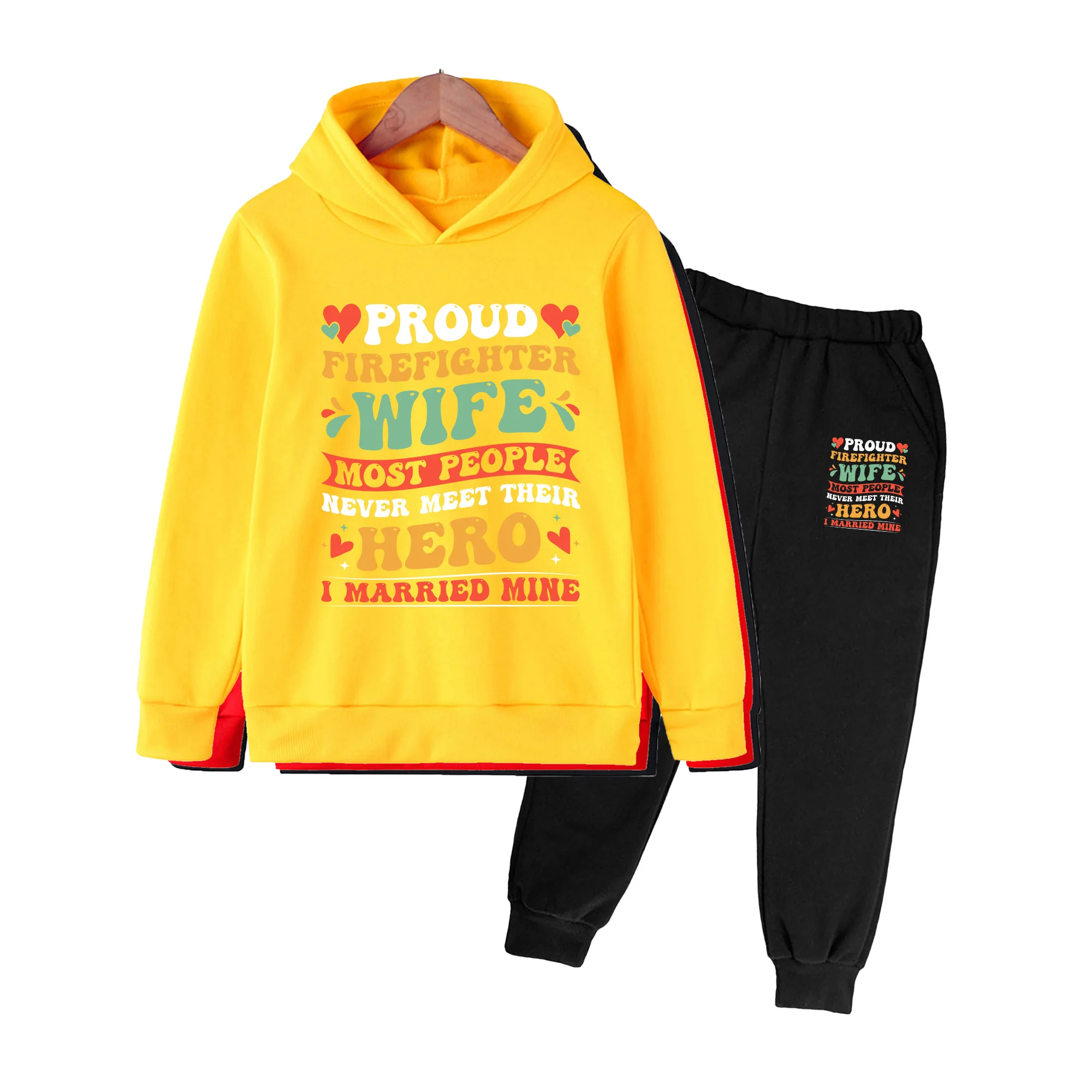 Kids Firefighter Wife Print Hoodie & Sweatpants Set, Retro Style Casual Outfit for Boys Girls Daily Wear