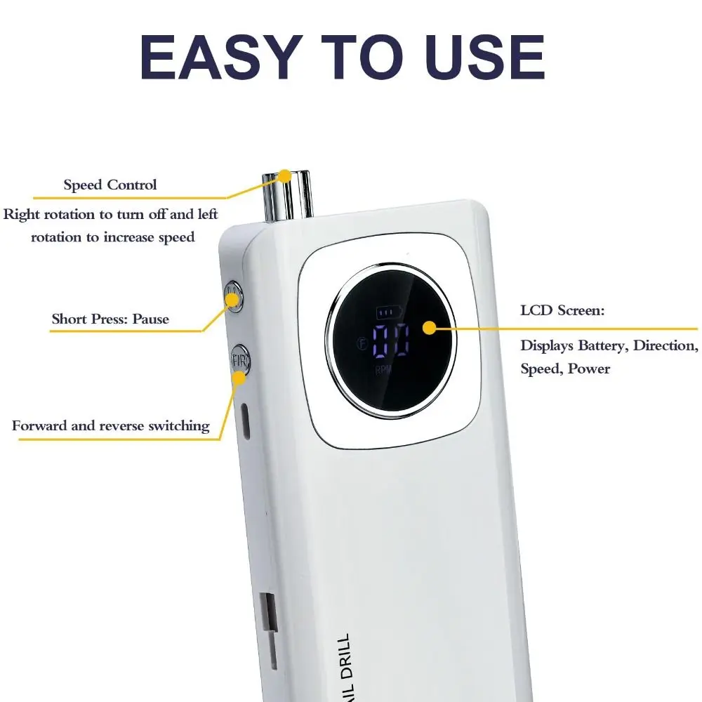 45000RPM Electric Nail Drill Machine With LCD Low Noise Nail File Manicure Tool Portable Rechargeable Electric Nail Art Drill