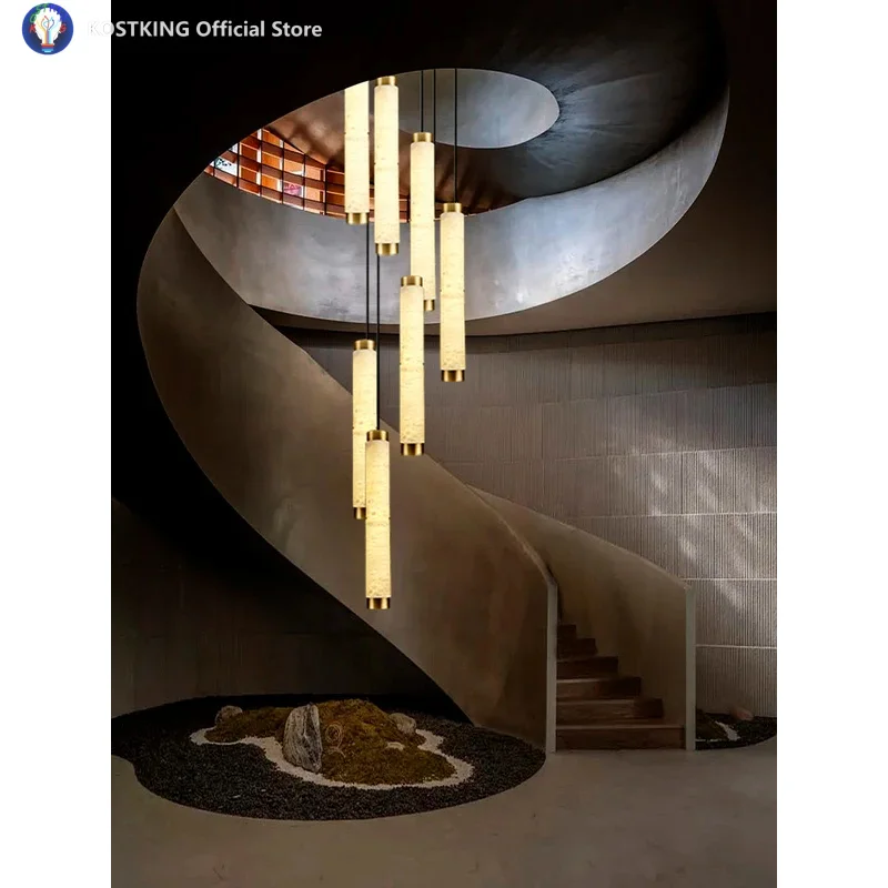 

Natural Grain Long White Marble Cylinder Ceiling Chandelier Hanging Lighting Fixture Room Decor High-end Home Staircase Lampara