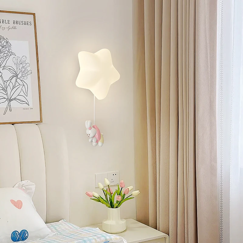 Romantic Star Wall Lamp For Nursery Bedroom Lighting White Wall Sconce Animal Bear Rabbit Light Children\'s Bedside Wall Lights