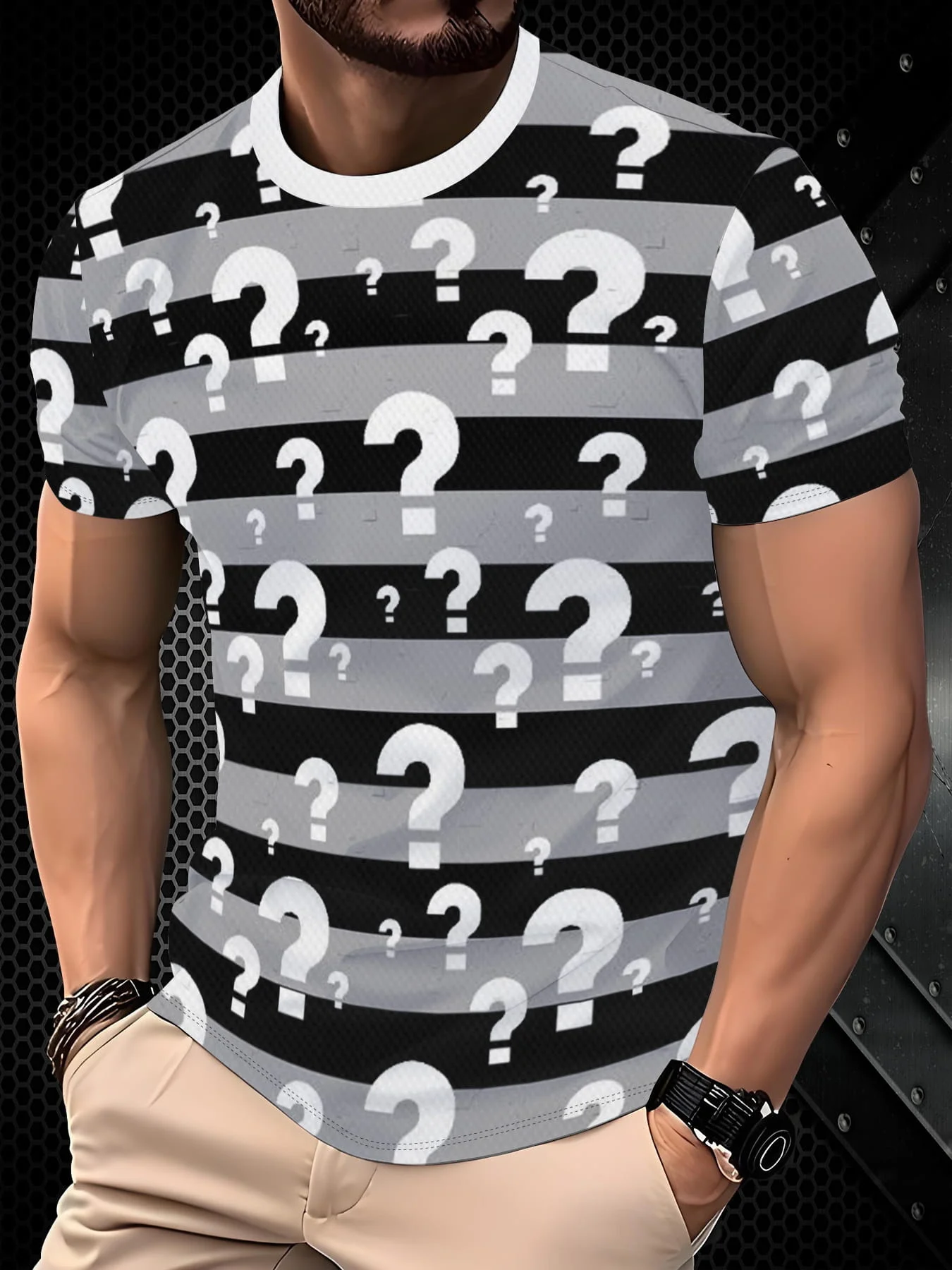 Men Black Gray Stripe Question Mark 3D Print T-shirt White Crew Neck Short Sleeve Casual Streetwear Tee
