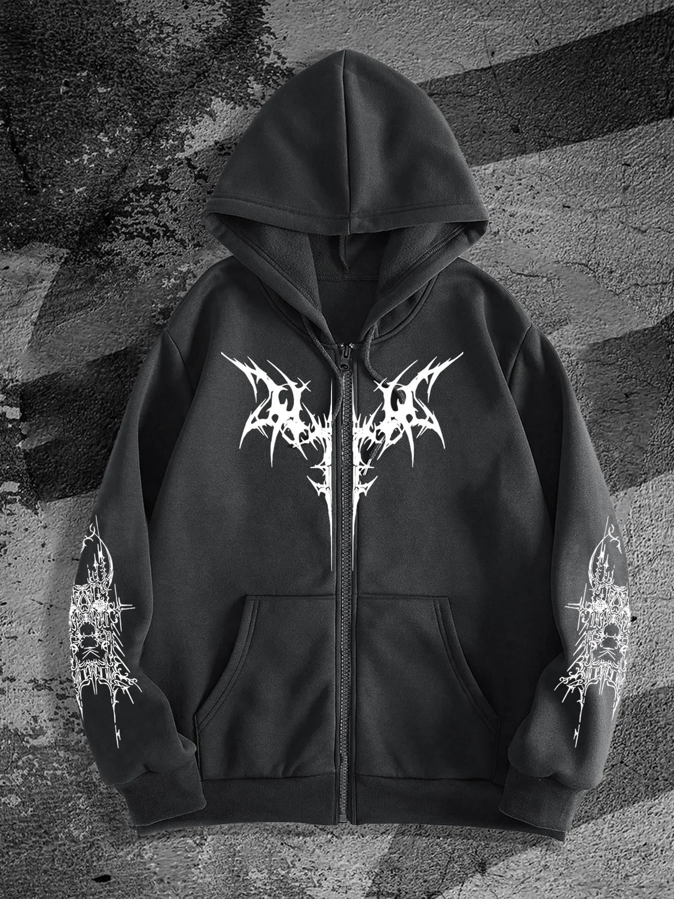 Langärmelige, lockere Sweatshirt-Jacke mit Reißverschluss für Damen und Herren, Y2K-Stil mit Flügelmuster und mehreren Prints, bequemer Stoff. – Detail 3