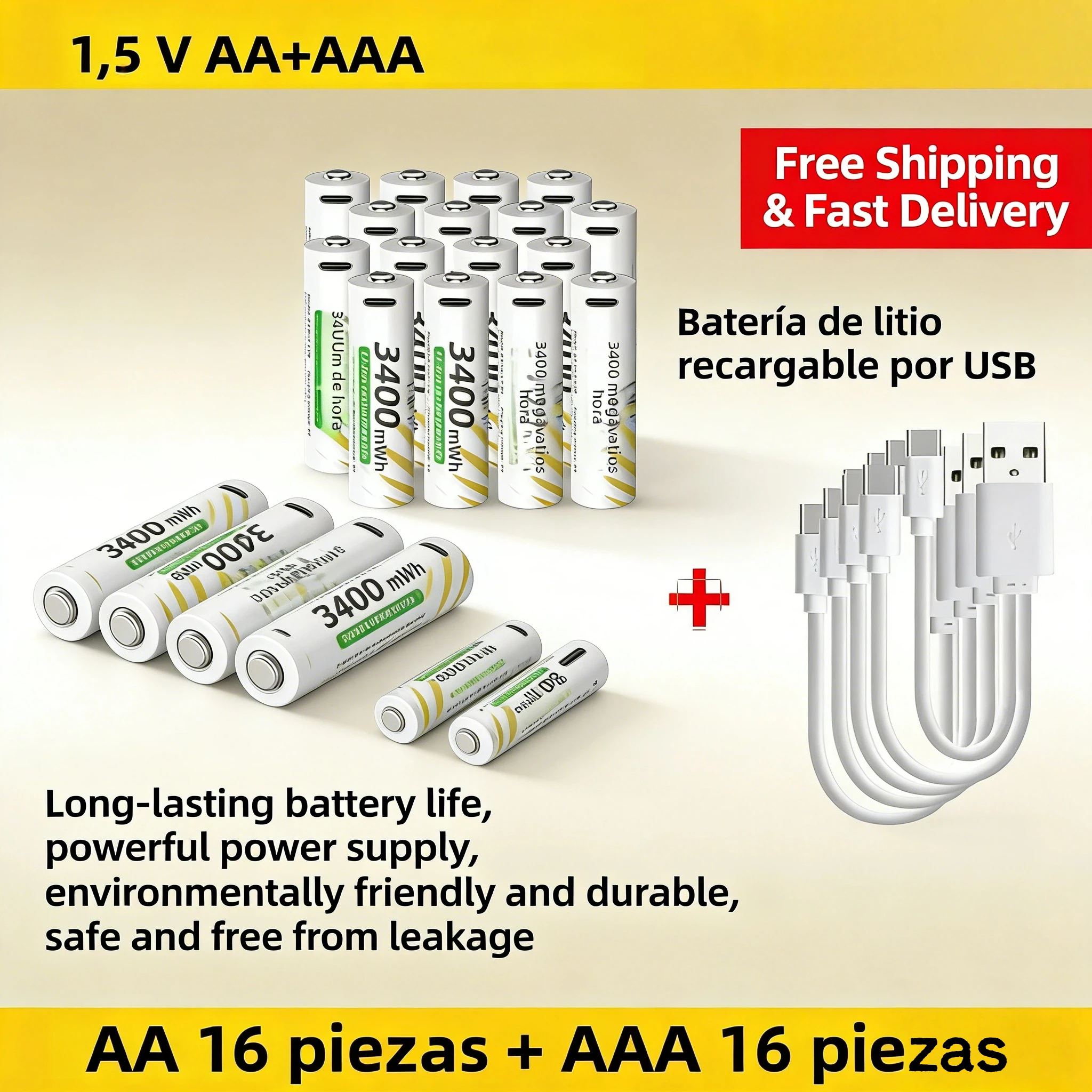 

Литиевая перезаряжаемая батарея 1.5V AA AAA, 3400 мВт·ч, 800 мВт·ч, высокая емкость, Li-ion, прямая зарядка через USB-C для контроллера Xbox