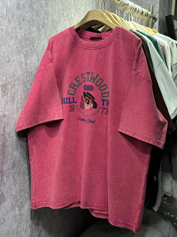 

Retro American Dyeing ort Sve T-irt Women Summer Trendy Oversize Loose Student f Sve Trendy Brand Top Cotton Linen