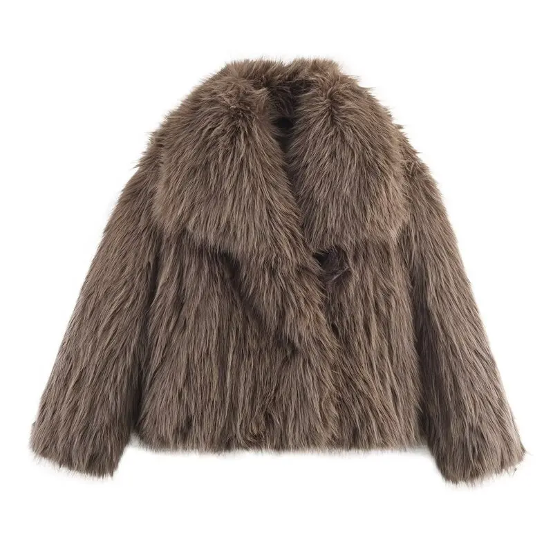 معطف جايت نسائي جديد لخريف 2025 فضفاض ومتعدد الاستخدامات من الفرو الاصطناعي طويل Sve بياقة مقلوبة وطول منتظم ملابس خارجية للسيدات