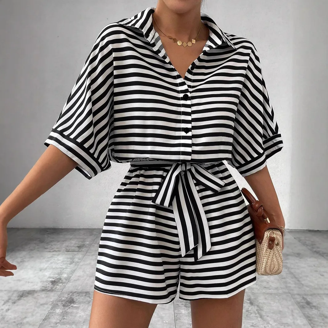 2025 nova moda impressa camisa de manga curta + shorts conjuntos de duas peças feminino verão casual solto listrado topo shorts conjunto para mulher