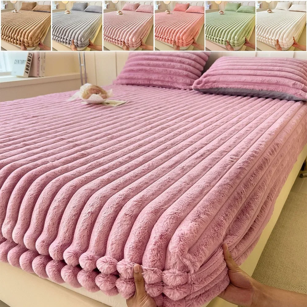 Thicken Velvet Mattress Cover Winter Fitted Bed Sheet Warm Non-slip Bedspread for Household Use Solid Color Breathable Bedsheet