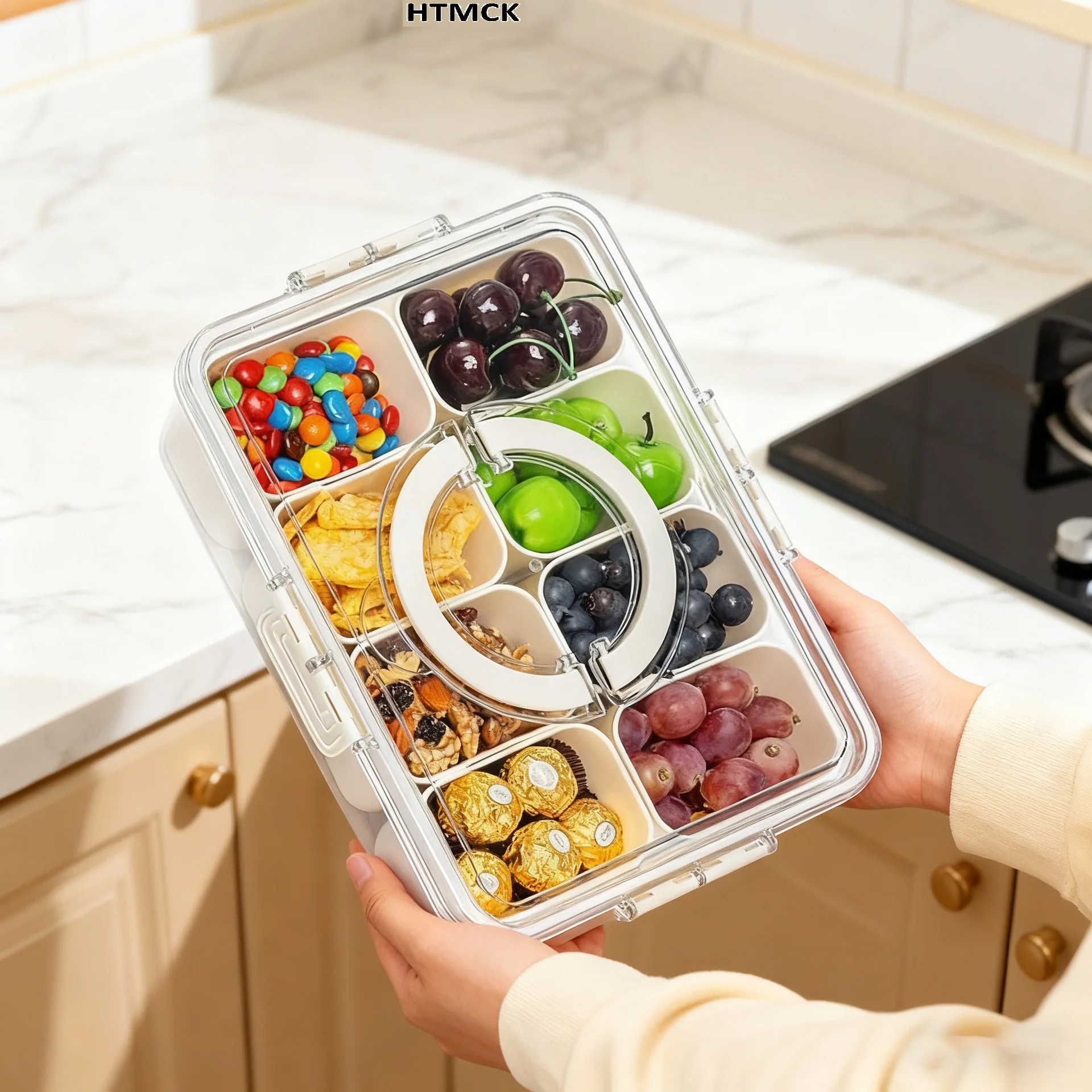 Clear Divided Veggie Serving Tray With Lid And Handle Portable Snack Spinner Snackle Box For Candy Fruits Nuts Fridge Storage