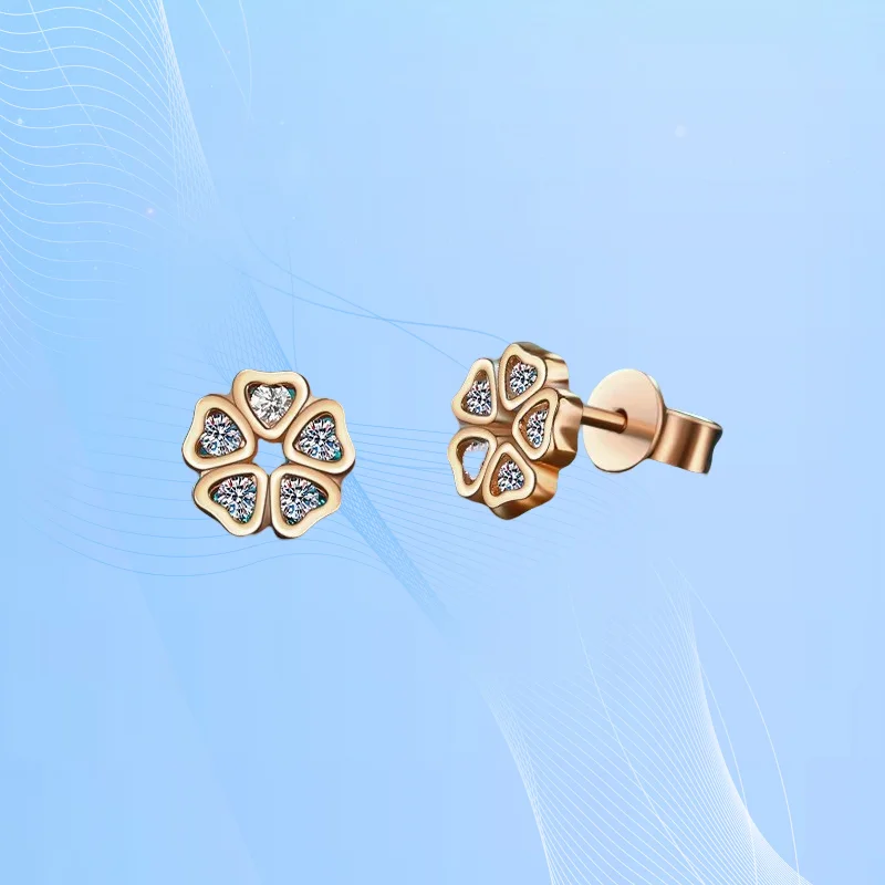 

HAIMATONG PT950 Platinum Women's Love Petals Moissanite Champagne Gold Earstuds Earrings Small Fresh Sweet Style