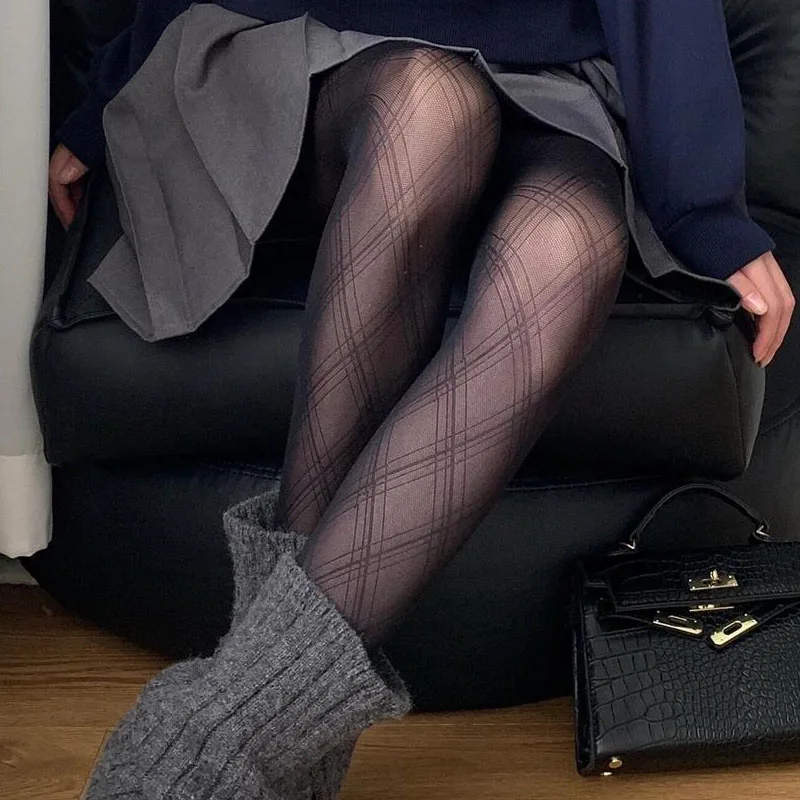 Sexy Black Silky Women Pantyhose Tights Argyle Checkered Leggings Y2K Vintage Ladies Harajuku Patterned Tights Fishnet Stockings view 6