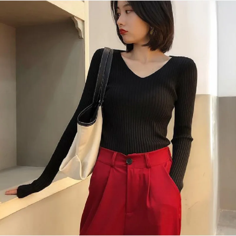 Autumn Fashion Female Long Sleeve V-neck Skinny Elastic Casual Sweater Women Knitted Shirts Pullover Top Women\'s Sweaters