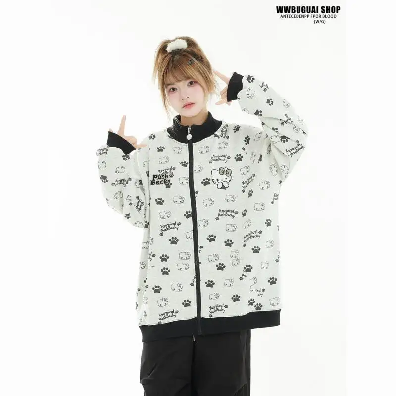 

Sanrio Lazy Style Jacket Hello Kitty Girl Cute Sweatshirt Full Print Zipper Niche Design Loose College Style Age-Reducing Hot