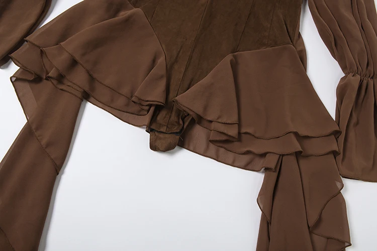 Weird Puss Rüschenrand Elegantes Bodysuit-Kleid für Damen, Mesh-Patchwork, schräger Ausschnitt, ausgestellte Ärmel, Geburtstagsparty-Stil, Mini-Bodycon – Detail 10