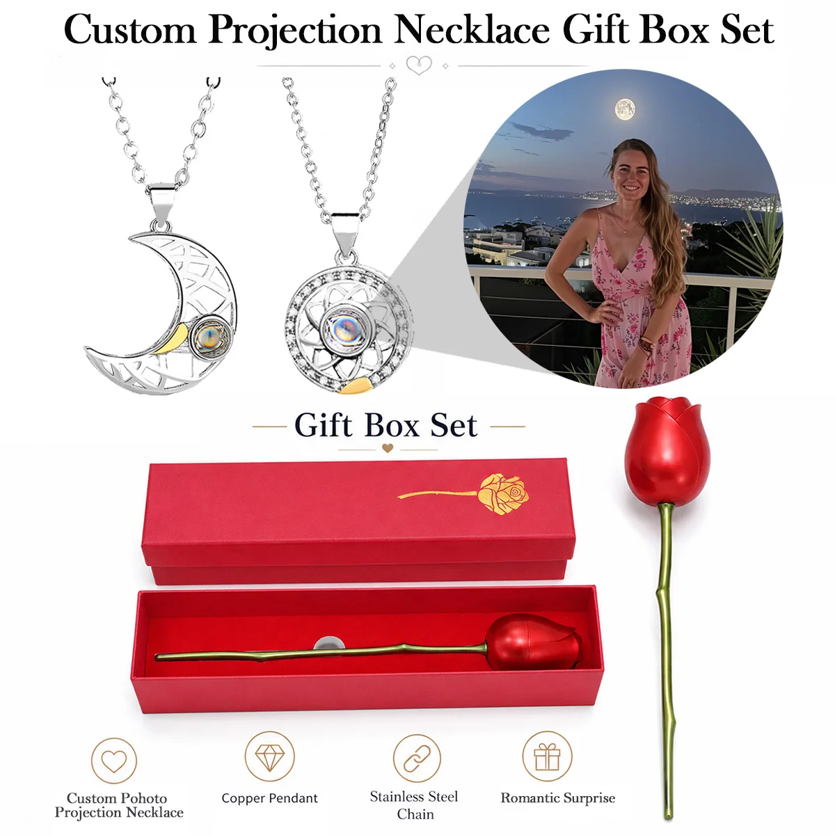 Custom Photo Projection Sun Moon Necklace Rose Gift Box Stainless Steel Chain Mother's Day Valentine's Birthday For Women Wife