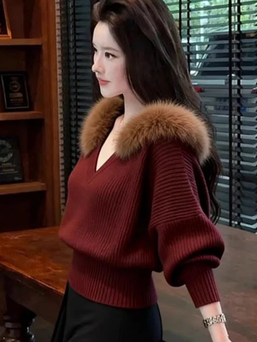 秋冬 レディース Vネック ニットウェア ファッション ラジースタイル ハイエンド ワインレッド ファーカラー セーター ルーズフィット レギュラーサイズ