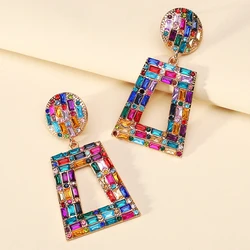 Bohemian Trapezoid Full Shiny Colorful Rhinestone Decor Charm Dangle Drop Earrings For Women Luxury Design Wedding Party Jewelry