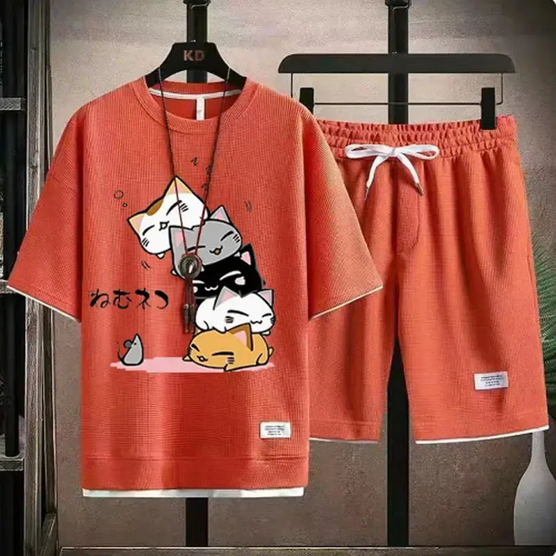 

Summer waffle set, fashionable casual T-shirt+shorts set, men's sports set, loose and comfortable Slo two-piece set