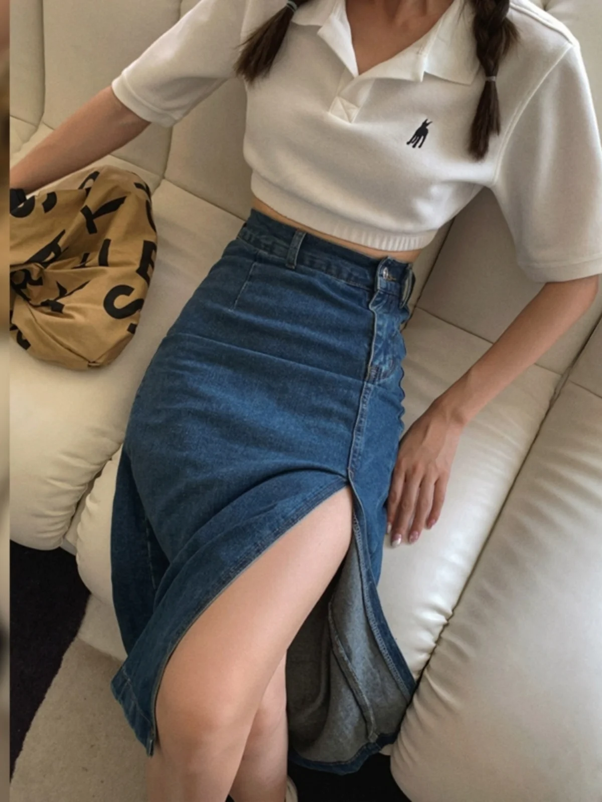 Retro Hong Kong Style Slim Fit Split Denim  Skirt for Women High Waist Commuter Fashion Spring Autumn New Arrival