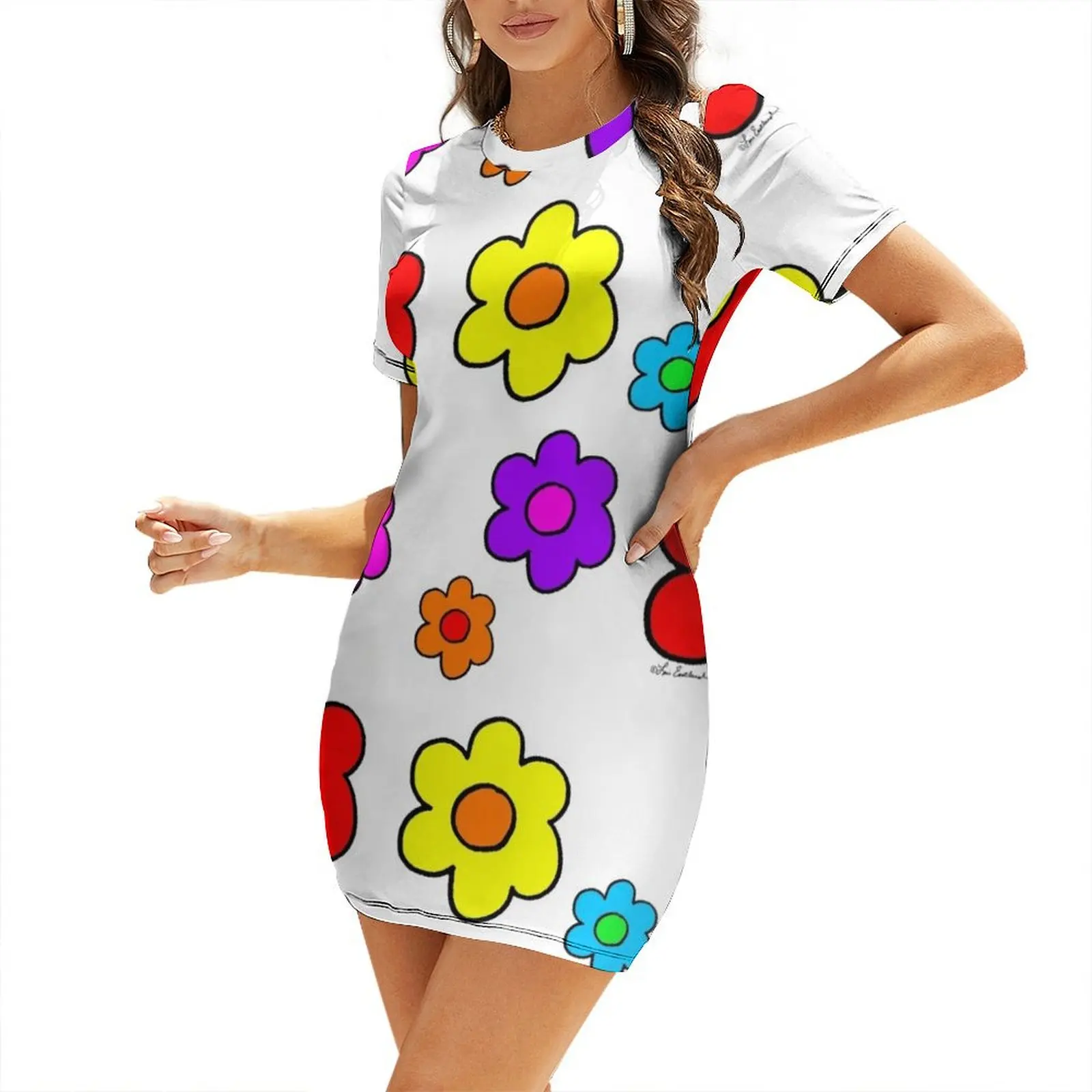 

Pop Flower White Short-Sleeved Dress Woman fashion woman dress Women's summer dress party evening elegant luxury celebrity