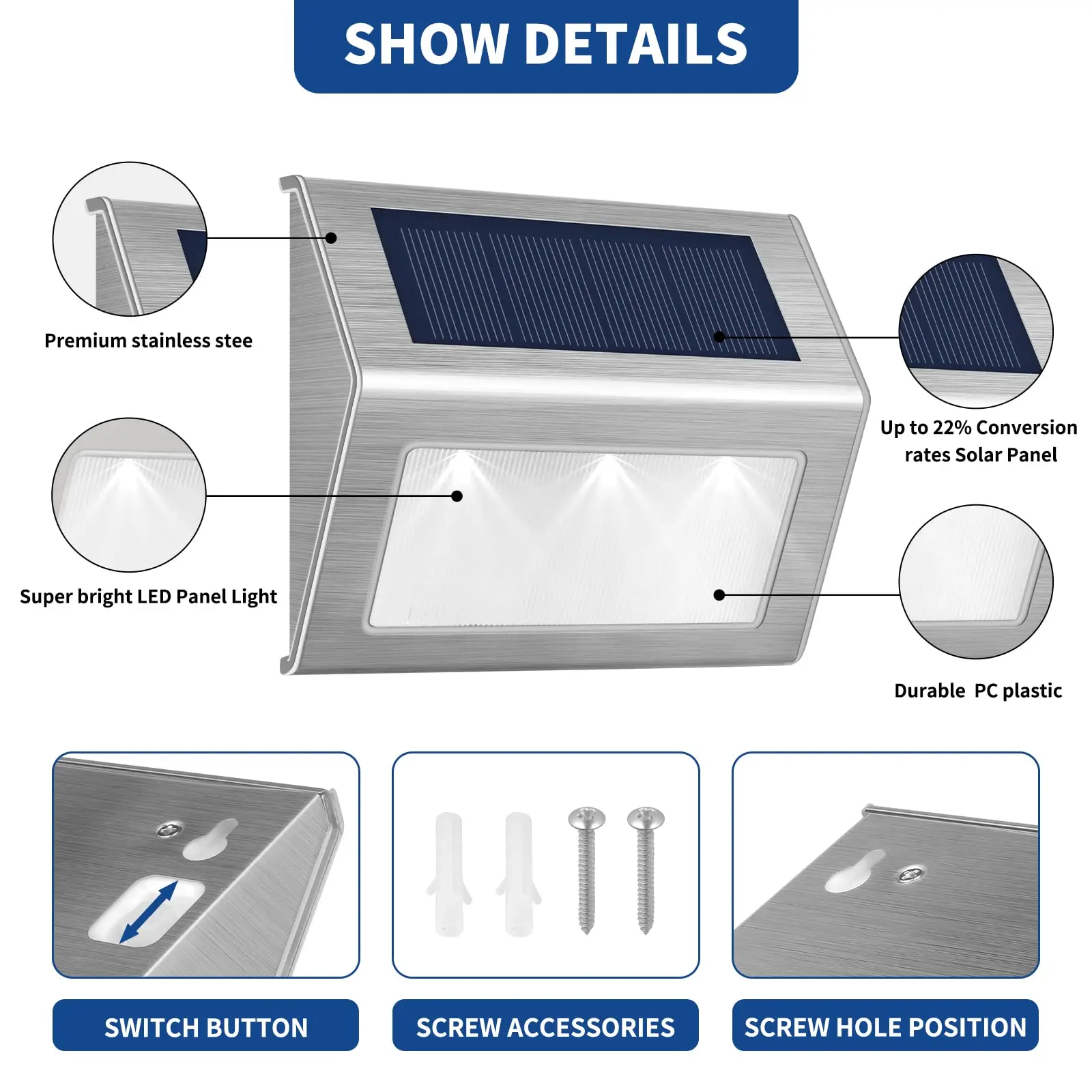 Luces de paso solares LED para exteriores, luces de acero inoxidable impermeables para jardín, Patio trasero, decoración de cubierta, paquete de 6