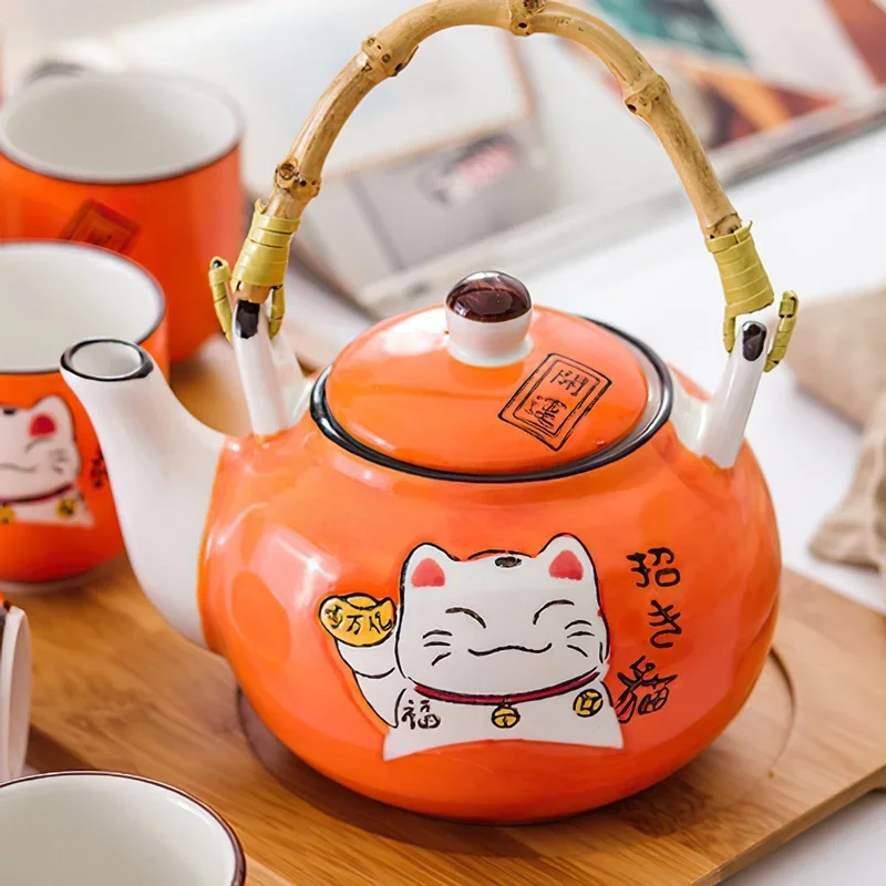 Japanese Creative Multicolor Cartoon Lucky Cat Ceramic Coffee Tea Set Chinese Style Wooden Tray Lift Beam Pot Tea Cup Set