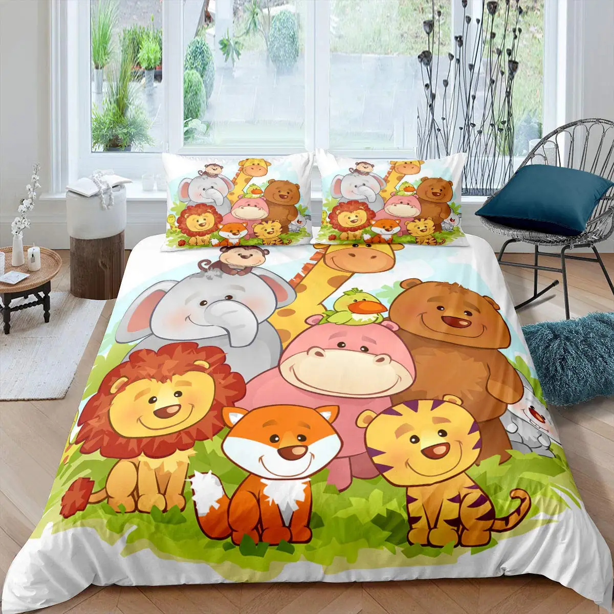 Zoo Theme Duvet Cover Set Animals Pattern Polyester Comforter Cover King Queen Size Cartoon Cute Animals For Kids Bedding Set