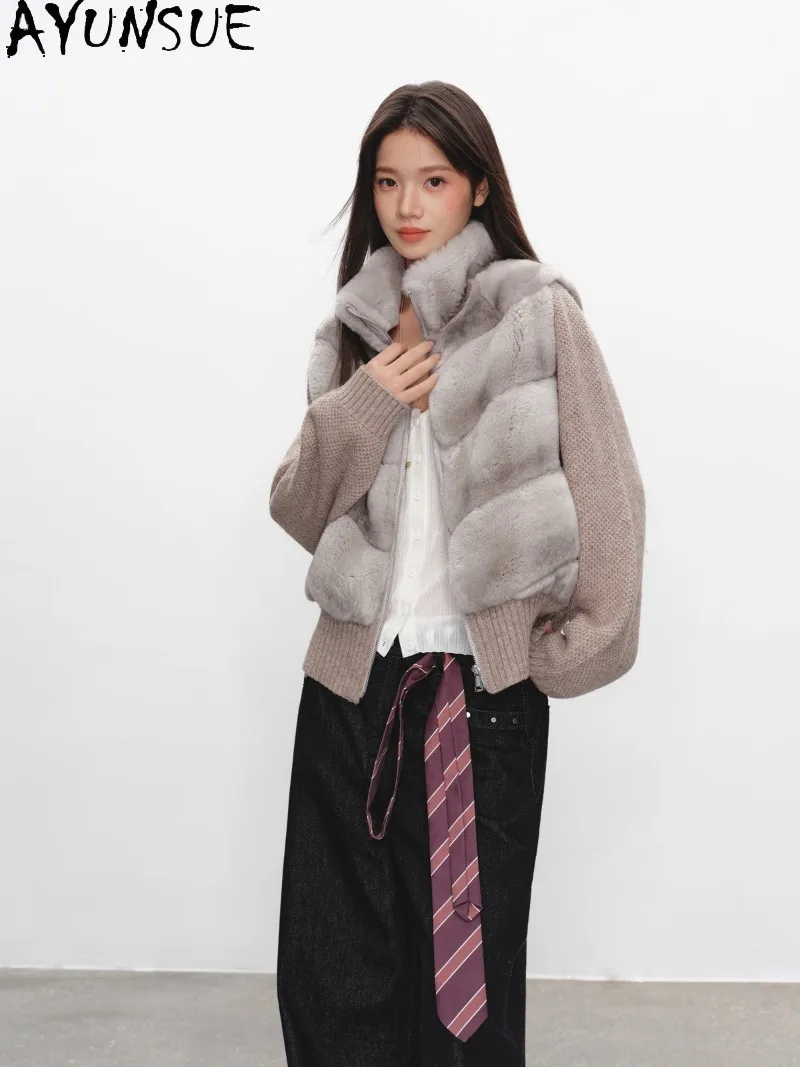 AYUSNUE Womens Rex Rabbit Fur Stand Collar Zipper Knit Cardigan Loose Fit Casual Short Outerwear Ladies Winter Clothes Jaqueta