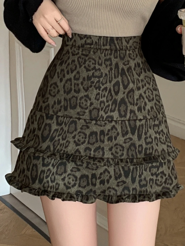 여성용 가을 겨울 하이웨이스트 A라인 스커트 백 지퍼 바디콘 케이크 스커트 패셔너블 레오파드 프린트 러플 숏 스커트