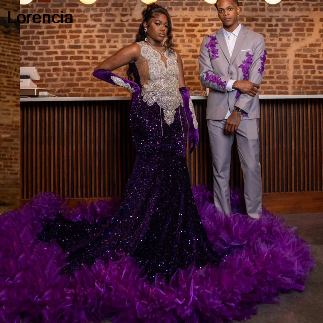 Customized Purple Ruffles Sequins Mermaid Prom Dress Beading Rhinestone For Black Girls Tassel Birthday Party Gown YPD171