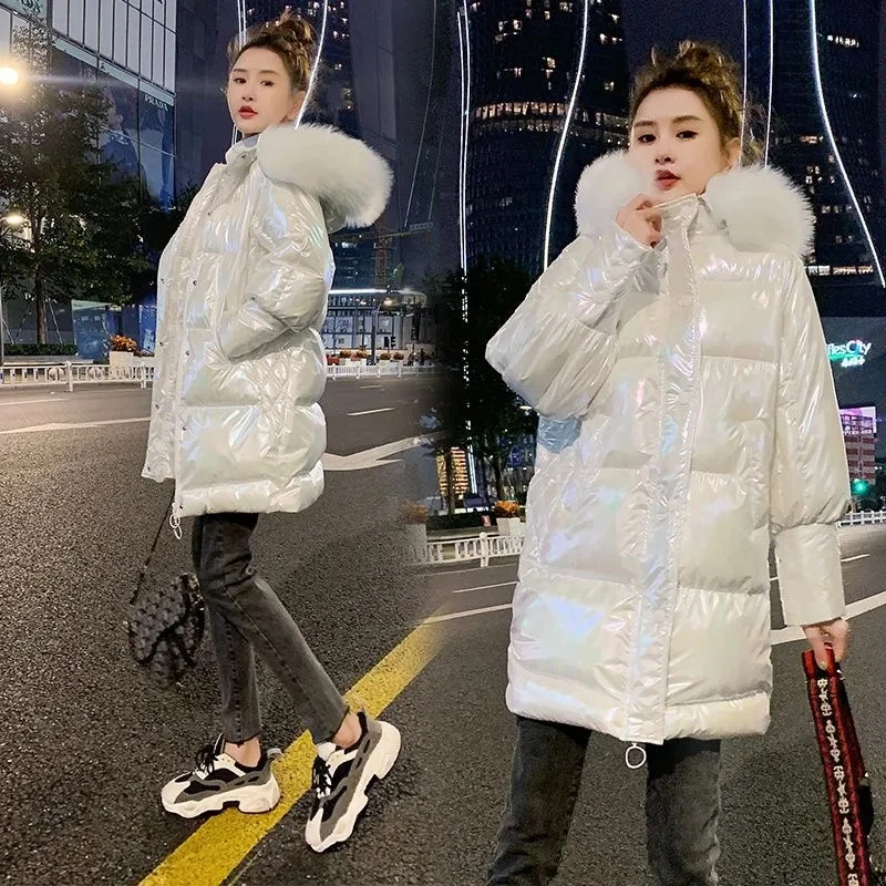 

2024 Students Glossy Long Fur Collar Coat New Korean Bread Coat Loose Fashion Hooded Warm Cotton-padded Jacket Female Tide.