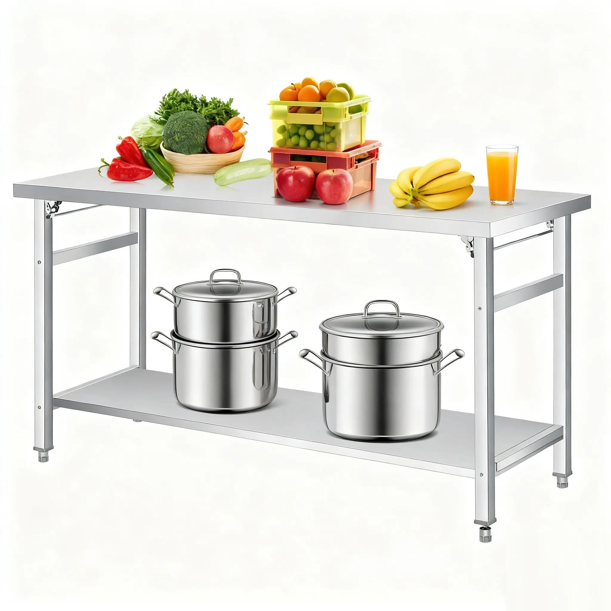 Stainless Steel Prep Table 60x24 Inch, NSF Heavy Duty Commercial Prep Tables with Double Shelf, Folding Worktable for