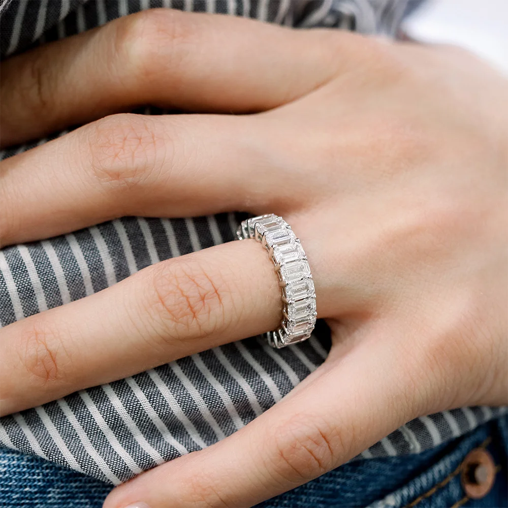 Rectangle Full Mossanite Ring 925 Sterling Silver Plated Gold 2*4mm Emerald Cut Diamond Rings Wedding Eternity Band For Women