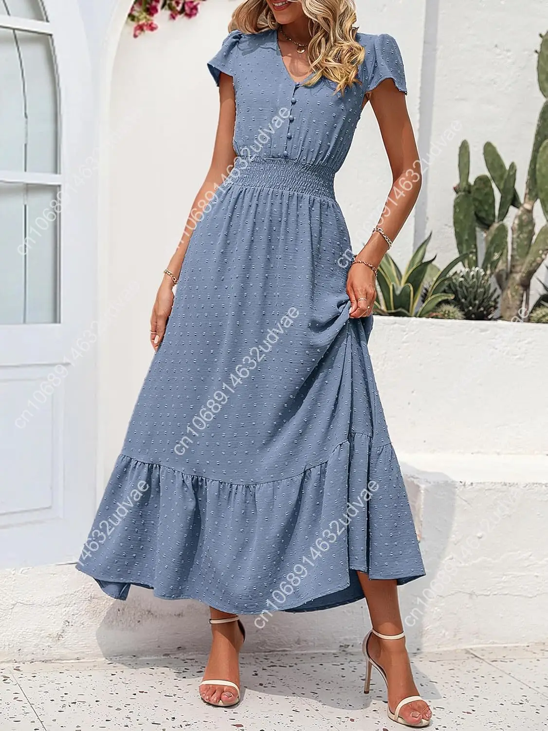 Kobiety Casual Boho letnie sukienki Maxi 2025 z krótkim rękawem V Neck szwajcarska kropka wzburzyć marszczona zwiewna długa suknia ślubna