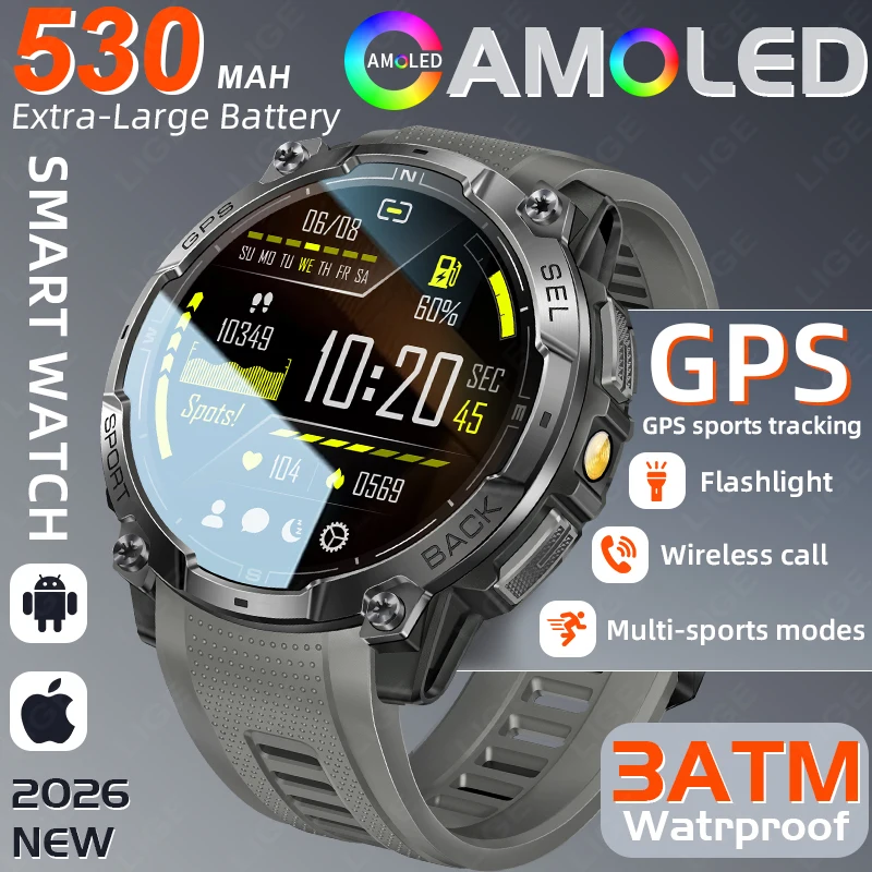 

530mAh Battery Military Grade Smart Watch 2026 Outdoor New 3ATM Waterproof Bluetooth Call 100+Sports GPS Smartwatch Men Compass